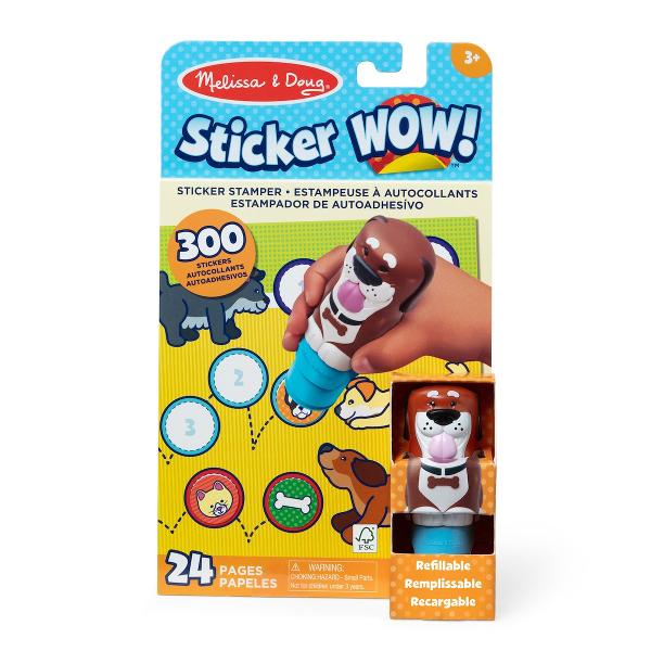 Melissa and Doug Sticker Wow este un set creativ de joaca pentru copii de la 3 ani in sus conceput pentru activitati distractive cu stickere Fiecare set include un aplicator tip stampila cu personaj reincarcabil care distribuie stickere individuale pe paginile incluse in caietul de activitate Setul contine aproximativ 300 de stickere si un caiet cu 24 de pagini pline de jocuri provocari si ilustratii colorate care incurajeaza copiii sa lipeasca sa potriveasca si sa completeze diferite 