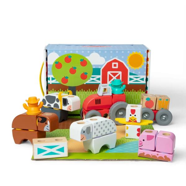 Setul Melissa and Doug setul de constructie din lemn Ferma include 56 de piese din lemn special concepute pentru copiii de la 2 ani in sus care pot combina si asambla elementele pentru a crea vehicule si animale de ferma in moduri variate Piesele se imbina prin sistem snap permitand celor mici sa construiasca si sa reconstruiasca tractorul animalele sau alte combinatii imaginative dezvoltand creativitatea si coordonarea mana-ochi Fabricat din lemn cu finisaje atent realizate si 