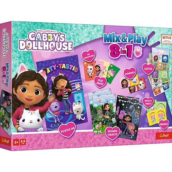 Setul de joc Gabby&39s Dollhouse 8 in 1 aduce distractia din universul animat direct in camera copilului oferind multiple activitati creative si educative intr-un singur pachet Conceput pentru copiii de peste 3 ani acest set include jocuri variate precum puzzle domino lotto old maid memos who&39s first si activitati de tip cauta si gaste stimuland atentia memoria logica si coordonarea mana-ochi Ilustratiile colorate cu personajele indragite din Gabby&39s Dollhouse 