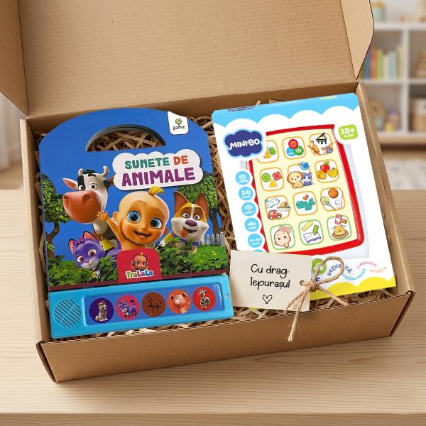 Pachetul contineJucarie pentru bebelusi Minibo Tableta cu surprizesi carteaSunete de animale TraLaLa&nbsp;Invata cuvinte noi in romana si in engleza ajutorul tabletei cu 9 butoane de interactiune pline de surprize Buton de oprire si selectare a limbii romana si engleza3 moduri de invatare din 9 domenii- cuvinte cifre;- litere;- jocuri instrumente muzicaleBaterii Articolul functioneaza cu 3 baterii de tip 