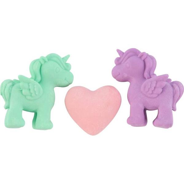 Set de radiere unicorni 3 piese2 radiere unicorni &537;i 1 radier inim&259;2 sortimente de culori diferiteambalate &icirc;n cutie PET transparent&259;