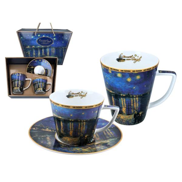 Set elegant realizat din por&539;elan fin inspirat de celebra oper&259; &bdquo;Noapte &icirc;nstelat&259; peste Rhone&rdquo; de Vincent van Gogh ce aduce arta mai aproape de momentele tale de relaxare Setul con&539;ine o cea&537;c&259; de 230 ml cu farfurioar&259; asortat&259; &537;i o can&259; de 400 ml ambele decorate cu nuan&539;e vibrante &537;i detalii artistice specifice stilului inconfundabil al marelui pictorp data-start421 