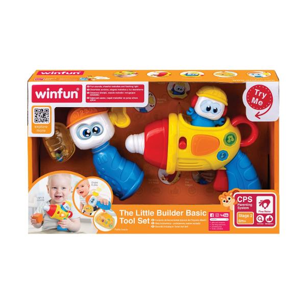 Winfun SET DE SCULE PENTRU MICUL CONSTRUCTOR este o jucarie interactiva conceputa pentru copiii de la 6 luni ideala pentru dezvoltarea abilitatilor motorii si a coordonarii Setul include unelte de jucarie colorate precum o bormasina interactiva si un ciocan special create pentru mainile mici ale copiilor usor de prins si de utilizare Bormasina este prevazuta cu butoane care activeaza sunete melodii vesele si efecte luminoase stimuland auzul si atentia copilului Functiile interactive 