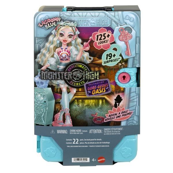 Descopera universul plin de mister si stil din colectia Monster High Skulltimate Secrets cu papusa Lagoona Blue intr-o editie speciala cu surpriza Setul include peste 19 surprize si ofera mai mult de 125 de combinatii de styling permitand personalizarea completa a tinutelor si accesoriilor Copilul poate debloca compartimentele secrete cu ajutorul cheii incluse dezvaluind haine accesorii si elemente tematice inspirate din atmosfera exotica a oazei Papusa impresioneaza prin parul lung in 