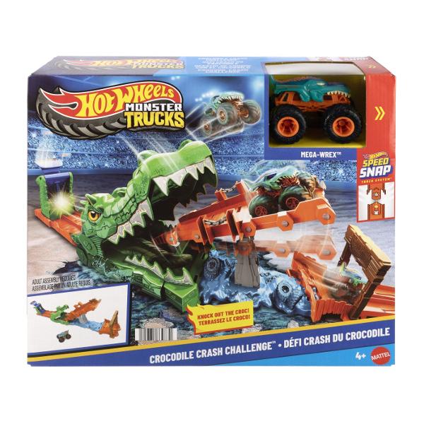 Pregateste-te pentru actiune la scara mare cu setul Hot Wheels Monster Trucks Provocarea Crocodilului cu masinuta inclusa o provocare spectaculoasa plina de viteza si impact Arena este dominata de un crocodil urias cu falci deschise gata sa prinda camionul Monster Truck in timpul cursei Copilul lanseaza vehiculul pe rampa tintind direct spre tinta pentru a dobori obstacolul si a invinge crocodilul Setul include un Monster Truck Mega Wrex realizat in stil robust cu roti supradimensionate 