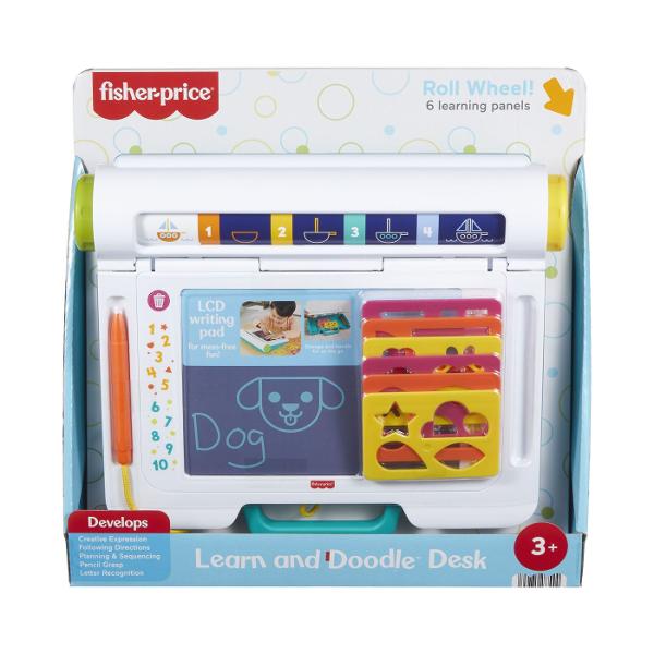 Biroul De Invatare Fisher-Price este conceput pentru a incuraja invatarea si creativitatea copiilor prin activitati interactive si distractive Suprafata de scriere tip LCD permite desenarea si exersarea scrisului fara murdarie folosind stiloul special inclus Panourile colorate si rotita interactiva ofera activitati de invatare cu forme imagini si secvente simple care stimuleaza gandirea logica si recunoasterea vizuala Setul include si sabloane pentru forme incurajand copiii sa exploreze 