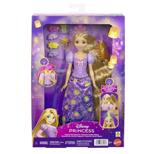 Papusa Disney Princess Setul Parul Magic Al Lui Rapunzel aduce la viata magia povestii prin parul sau lung si accesorii speciale de styling Rapunzel poarta o rochie eleganta in nuante de mov decorata cu motive inspirate din povestea sa iar parul lung si blond poate fi pieptanat si aranjat in multe stiluri Setul include mai multe accesorii tematice precum agrafe colorate si o perie care permit copiilor sa creeze coafuri diferite si sa personalizeze look-ul printesei Detaliile inspirate din 