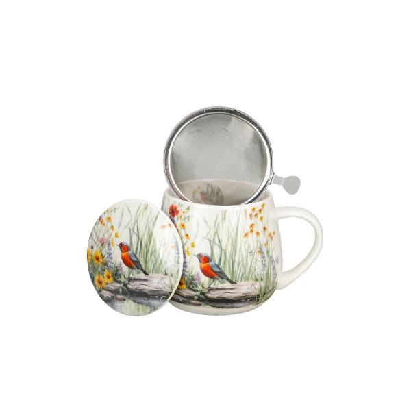 Can&259; cu infuzor pentru ceai JULY din colec&539;ia Flowers Classics este realizat&259; din por&539;elan New Bone China caracterizat printr-o culoare elegant&259; alb-crem natural&259; cu o str&259;lucire delicat&259; precum &537;i printr-o durabilitate excep&539;ional&259;O linie decorat&259; cu un motiv idilic reprezent&acirc;nd o mic&259; pas&259;re st&acirc;nd pe pietricele l&acirc;ng&259; un 