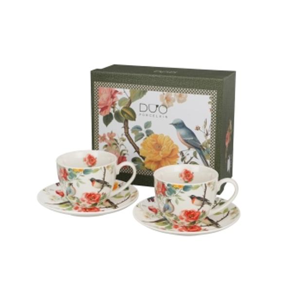 Setul de 2 ce&537;ti &537;i farfurioare APRIL din colec&539;ia Flower Classic este realizat din por&539;elan New Bone China caracterizat printr-o culoare alb-crem natural&259; cu o str&259;lucire delicat&259; &537;i o rezisten&539;&259; &537;i durabilitate excep&539;ionale men&539;in&acirc;nd &icirc;n acela&537;i timp lejeritatea &537;i fine&539;eaO linie decorat&259; cu un motiv delicat de tufe de 