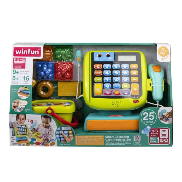 Winfun Set Casa De Marcat Interactiva Cu Accesorii este o jucarie interactiva complexa conceputa pentru copii de la 24 luni ideala pentru invatare prin joaca si dezvoltarea abilitatilor de baza matematica si sociala Setul include o casa de marcat electronica cu functie de calculator real scanner microfon functional si multiple accesorii precum alimente de jucarie si cos de cumparaturi oferind o experienta completa de joc de rol Casa de marcat este prevazuta cu taste numerice si functii 