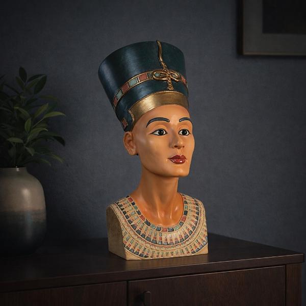 Bust egiptean Nefertiti WU67887 &ndash; ColoratAcest bust al reginei Nefertiti modelul WU67887 este bogat colorat &537;i eviden&539;iaz&259; frumos profilul iconic al celebrei regine egiptene Lucrat cu grij&259; serve&537;te drept o pies&259; decorativ&259; uimitoare at&acirc;t pentru pasiona&539;ii de istorie c&acirc;t &537;i pentru iubitorii de design interior Un accent deosebit pentru orice camer&259;