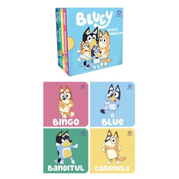 Blue Bingo Bandit &537;i Caramela v&259; a&537;teapt&259; pe tine &537;i copilul t&259;u &icirc;n 4 c&259;rticele simpatice potrivite pentru prima bibliotec&259; a celui mic Textele simple u&537;or de urm&259;rit &537;i ilustra&539;iile simpatice cu cei 4 membri ai familiei de c&259;&539;elu&537;i &icirc;i vor cucerii pe micii fani ai seriei Bluey &537;i &icirc;i vor ajuta s&259; &icirc;n&539;eleag&259; mai bine personajele Fiecare c&259;rticic&259; este 