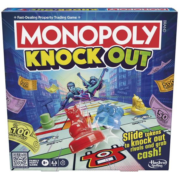 Monopoly Knock Out este un joc de societate dinamica si competitiv care aduce o abordare completa noua asupra clasicului Monopoly transformand fiecare partida intr-o experienta rapida si plina de actiune In locul regulilor traditionale jucatorii isi lanseaza jetoanele pe tabla de joc incercand sa isi passtreze pozitia pe proprietati valoroase si sa ii elimine pe adversari pentru a castiga bani Designul modern si mecanica interactiva fac jocul utilizatorului de inteles si extrem de 