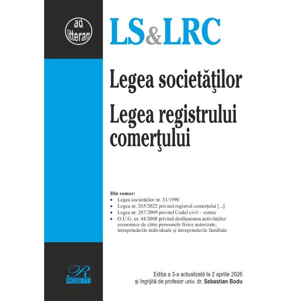 Lucrarea Legea societ&259;&539;ilor & Legea registrului comer&539;ului edi&539;ia aprilie 2026 cuprinde&9658; Legea societ&259;&539;ilor nr 311990;&9658; Legea nr 2652022 privind registrul comer&539;ului &537;i pentru modificarea &537;i completarea altor acte normative cu inciden&539;&259; asupra &icirc;nregistr&259;rii &icirc;n registrul comer&539;ului;&9658; Legea nr 2872009 privind Codul civil &ndash; extras;&9658; OUG nr 