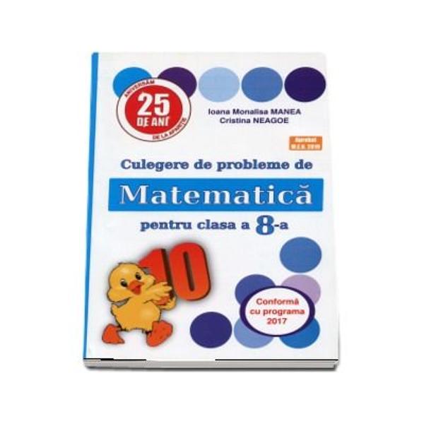 Culegerea cuprinde probleme si exercitii corespunzatoare programei scolare a clasei a 8-a prezentate in diferite grade de complexitate In functie de aceasta exercitiile si problemele au rezultate indicatii sau rezolvari integraleAdresandu-se tuturor categoriilor de elevi cartea poate fi folosita si in clasa si in pregatirea individuala ea devenind un instrument sigur pentru invatarea matematicii