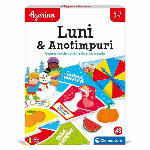 Luni &amp Anotimpuri este un joc educativ conceput pentru copiii de la 5 ani Prin joc copiii pot invata cele 4 anotimpuri cele 12 luni ale anului evenimentele si elementele caracteristice fiecareia  Jocul contine 1 tabla de joc cu 4 carti de puzzle 12 cartele detasabile cu 12 luni 1 copil pilot 1 baza verde din plastic 1 ruleta colorata 4 planse cu fructe 32 de planse pentru jocul de memorie si 1 ghid de instructiuni Toate jocurile lui Agerino au fost concepute de specialisti in 