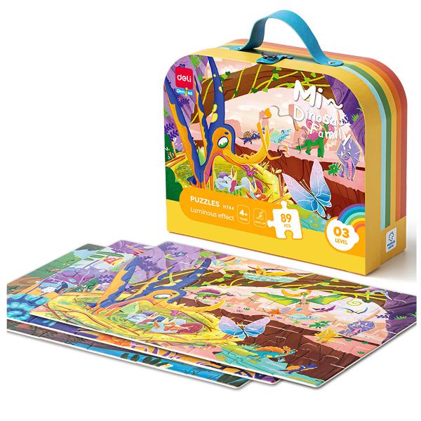 Puzzle 89 piese efect luminos DELI Dinozauri 4 - descriere produsDe acum aveti disponibilitatea de a comanda din oferta noastra puzzle-uri atractive de la DELI special concepute pentru copii prin care acestia sa isi dezvolte creativitatea imaginatia impreuna cu abilitatile de concentrare de observatie si de coordonare Sunt disponibile 6 seturi cu grad diferit de dificultate pentru a alege setul cel mai potrivit pentru copiii dumneavoastra Puzzle-ul DELI cu dinozauri se 
