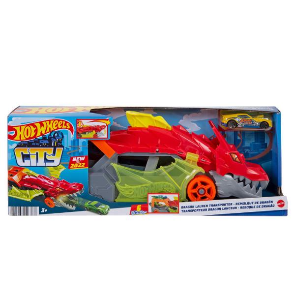 Transportatorul Hot Wheels&trade City Dragon Launch face furori cu functii cool pe care copiii le vor adora &Icircn loc de a arunca flacari din gura acest dragon stilat arunca cu vehicule Hot Wheels&reg Copiii incarca trei masini in el apoi apasa pe lansator pentru a trimite vehiculele in viteza catre diverse aventuri Conectorii de pista din partea din fata si din spate ale bestiei le permit copiilor sa ataseze piste Hot Wheels&reg dezvoltand o constructie existenta sau 