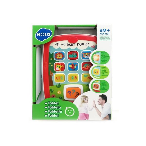 Prima tableta Hola Toys cu lumini si sunete va oferi copilului dumneavoastra momente pline de distractie si veselie iar dumneavoastra privindu-l zambete Apasa pe butoane urmareste culorile asculta sunetele aceste simple dar extrem de importante activitati sunt benefice pentru dezvoltarea inteligentei si atrag dupa sine curiozitatea copilului in timpul jocului Luminile emise de catre aceasta ii starnesc curiozitatea descoperind noi moduri de a se juca Dezvolta perceptia vizuala si 