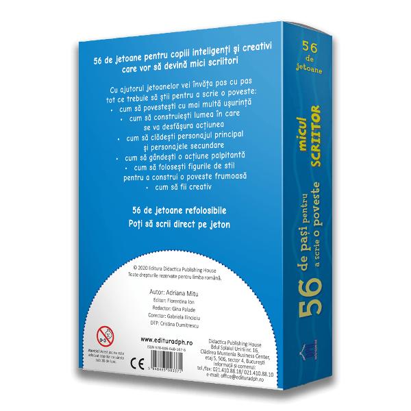 &8220;56 de pa&537;i pentru a scrie o poveste&8221; - con&539;ine 56 de jetoane refolosibile pentru copiii inteligen&539;i &537;i creativi care vor s&259; devin&259; mici scriitoriJocurile sunt adresate copiilor cu v&226;rsta peste 8 ani dezvolt&226;ndu-le abilit&259;&539;ile de exprimare &537;i de scriere creativ&259;Cu ajutorul jetoanelor copiii vor &238;nv&259;&355;a pas cu pas tot ce trebuie s&259; &351;tie pentru a scrie o poveste- cum s&259; povesteasc&259; 