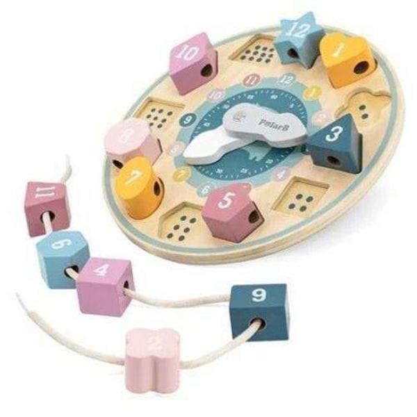 Jucarie educativa fabricata din lemn de inalta calitate care include 12 forme geometrice diferite pentru sortare Poate fi un instrument pentru a familiariza copilul cu primele notiuni despre timp si cititul orei dar este si un puzzle care ajuta la invatarea formelor geometrice Cei mici pot exersa numaratul recunoasterea formelor si a culorilor; pot insirui formele geometrice pe un siret dezvoltandu-si astfel puterea de concentrare si motricitatea fina&nbsp;Varsta recomandata 
