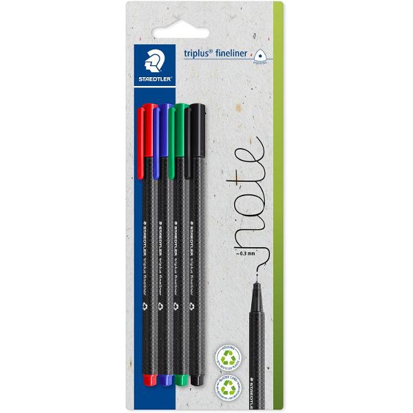 Fineliner Triplus 03 mm 4 culori la set Staedtler ST-334-S-BK4Rosu Albastru Verde Negru