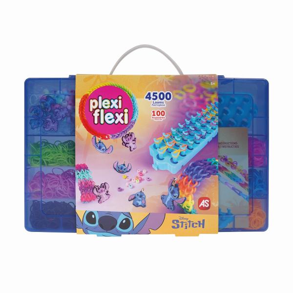 Set creativ Plexi Flexi Stitch ideal pentru copii pasionati de activitati handmade si accesorii colorate Acest kit complet include o cutie mare cu 4500 de elasticuri multicolore 100 de accesorii decorative si un razboi de tesut oferind tot ce este necesar pentru realizarea unor bratari inele si alte creatii unice inspirate de persoana preferata Stitch Copiii isi pot dezvolta creativitatea si indemanarea combinand culorile si accesorii pentru a crea modele variate si originale Setul 