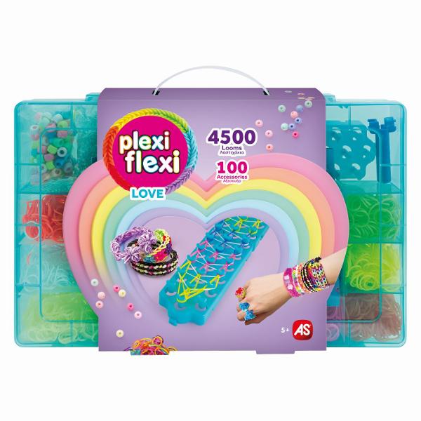 Set creativ Plexi Flexi Love ideal pentru copii pasionati de activitati handmade si accesorii colorate Acest kit complet permite realizarea de bratari inele si alte creatii unice care pot fi personalizate cu piese decorative vibrante pentru modele originale si expresive Activitatea stimuleaza creativitatea indemanarea si atentia la detalii oferind o experienta relaxanta si distractiva Setul vine intr-un organizator modern de depozitare compartimentat eficient pentru a pastra toate 