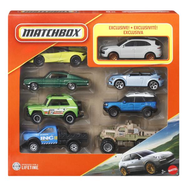 Setul Matchbox contine 8 masinute din metal fiecare realizata cu un nivel ridicat de detalii si inspirata din modelul real de vehicul Acest set special include un vehicul de politie exclusiv disponibil doar in acest pachet si combina masini sport masini clasice SUV-uri si utilaje de constructii pentru o experienta completa de joc si colectie Masinutele sunt fabricate din metal durabil cu piese din plastic la scara aproximativa 1 la 64 si sunt potrivite pentru copii de la 3 ani in sus 