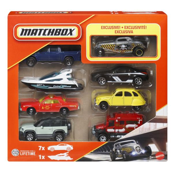 Setul Matchbox contine 8 masinute din metal fiecare realizata cu un nivel ridicat de detalii si inspirata din modelul real de vehicul Acest set special include un vehicul de politie exclusiv disponibil doar in acest pachet si combina masini sport masini clasice SUV-uri si utilaje de constructii pentru o experienta completa de joc si colectie Masinutele sunt fabricate din metal durabil cu piese din plastic la scara aproximativa 1 la 64 si sunt potrivite pentru copii de la 3 ani in sus 