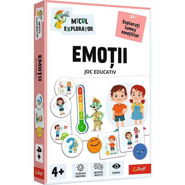 Jocul educativ &bdquoEmotii  Micul Explorator&rdquo este conceput pentru ai ajuta pe copii sa descopere si sa inteleaga lumea emotiilor intr-un mod interactiv si prietenos Prin sugestive carduri ilustrate si elemente vizuale atractive cei mici invata sa recunoasca diferite stari emotionale sa le denumeasca si sa le asocieze cu situatii din viata de zi cu zi Jocul stimuleaza dezvoltarea emotionala incurajeaza exprimarea sentimentelor si contribuie la imbunatatirea abilitatilor de 