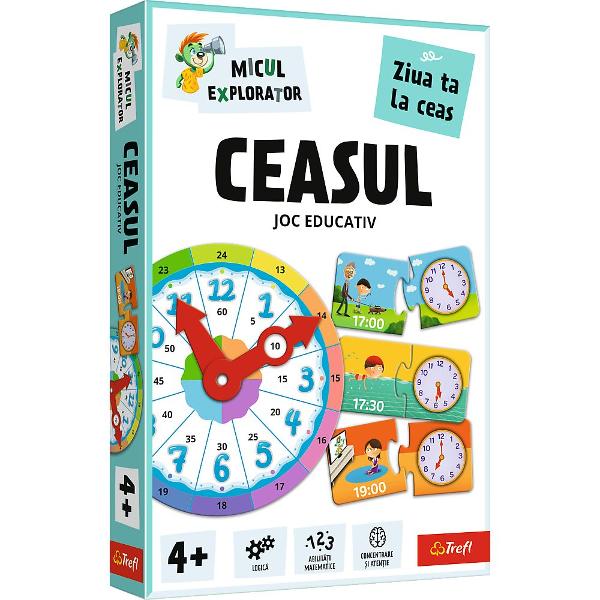Jocul educativ &bdquoCeasul  Micul Explorator&rdquo este conceput pentru ai ajuta pe copii sa invete notiunile de baza legat de timp intr-un mod interactiv si usor de inteles Prin folosirea unui ceas ilustrat cu limbile mobile si a pieselor tip puzzle care asociaza orele cu activitati zilnice cei mici invata sa recunoasca ora sa faca legatura intre momentele zilei si rutina lor si sa isi dezvolte gandirea logica Jocul stimuleaza abilitatile matematice concentrarea si atentia 