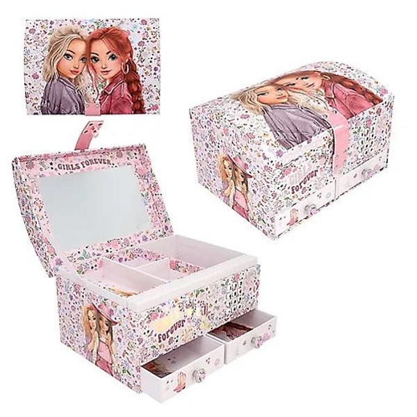 Pentru bijuterii sau mici comori &537;i secrete Cutia pentru bijuterii TOPModel se deschide doar atunci c&acirc;nd este introdus codul corect din 4 cifre personalizabilschimbabil Apoi noua melodie TOPModel BEST FRIENDS se aude timp de aproximativ 20 de secunde Cu motive frumoase cu modele &537;i pictograme dr&259;gu&539;e la exterior &537;i &icirc;n interior Compartimentul principal o incrusta&539;ie deta&537;abil&259; cu trei compartimente &537;i dou&259; sertare cu pietre 
