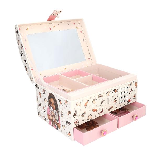 Cutie pentru bijuteri muzicala TOPModel cu cod activat Aceasta cutie are o incuietoare cu combinatie care poate fi modificataCand este deschisa reda melodia Anti-Hero timp de aproximativ 20 de secundeDispune de o oglinda doua sertare si un compartiment extensibilInclude 3 baterii LR44AG13 Instructiuni incluseVarsta 6 ani