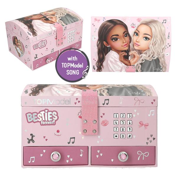 Pentru bijuterii sau mici comori &537;i secrete Cutia roz pentru bijuterii TOPModel se deschide doar atunci c&acirc;nd este introdus codul corect din 4 cifre personalizabilschimbabil Apoi noua melodie TOPModel BEST FRIENDS se aude timp de aproximativ 20 de secunde Cu motive frumoase cu modele &537;i pictograme dr&259;gu&539;e la exterior &537;i &icirc;n interior Compartimentul principal o incrusta&539;ie deta&537;abil&259; cu trei compartimente &537;i dou&259; sertare cu 