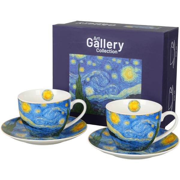 Un set de dou&259; ce&537;ti cu farfurioare&nbsp;&nbsp;STARRY NIGHT&nbsp;&nbsp;inspirat de Van Gogh din&nbsp; colec&539;ia&nbsp;Art Gallery&nbsp;&nbsp; Aceste produse sunt fabricate din por&539;elan de calitate superioara un material cunoscut pentru durabilitatea sa excelent&259; &537;i aspectul lucios 