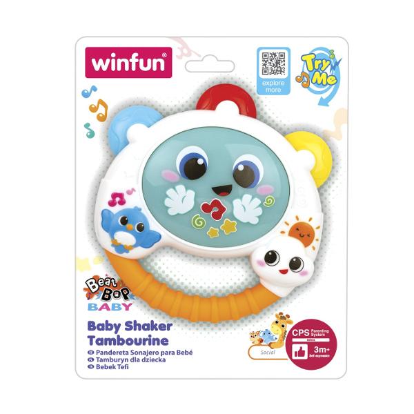 Tamburina Winfun este o jucarie muzicala ideala pentru bebelusi conceputa pentru a stimula simturile si coordonarea Cu un design colorat si vesel aceasta este usor de apucat de catre micutul tau oferindu-i o experienta de joaca interactiva Atunci cand este apasata tamburina emite sunete si melodii vesele iar lumini intermitente se aprind atragand atentia si stimuland curiozitatea copilului Agitand tamburina bebelusul va auzi sunete de pasarele si zgomote de zornait ajutand la 