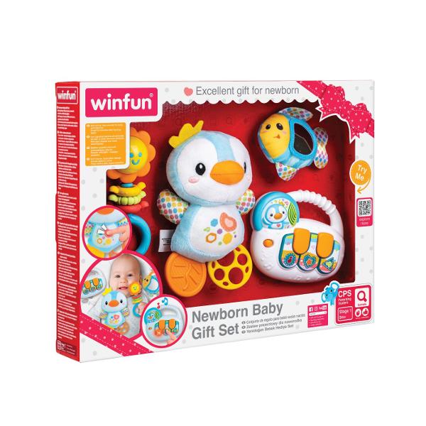 Winfun Set Jucarii Interactive Cadou Nou Nascuti este un set complet de jucarii pentru bebelusi special conceput pentru a stimula dezvoltarea senzoriala inca din primele luni de viata Setul include mai multe jucarii interactive realizate din materiale sigure si placute la atingere precum o jucarie de plus moale elemente de dentitie zornaitoare si o jucarie muzicala cu sunete si lumini Culorile vii texturile variate si functiile interactive atrag atentia copilului si incurajeaza 