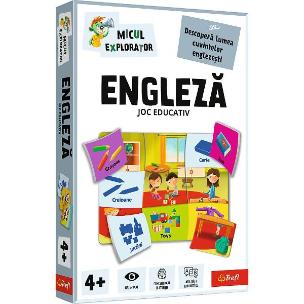 Jocul educativ &bdquoEngleza  Micul Explorator&rdquo este conceput pentru ai introduce pe copii in lumea limbii engleze intr-un mod interactiv si accesibil Prin asocierea imaginilor cu denumirile corespunzatoare in engleza si romana cei mici invata primele cuvinte uzuale intr-un mod natural bazat pe observatie si repetitie Setul include piese ilustrate si activitati tip puzzle care stimuleaza memoria atentia si dezvoltarea abilitatilor lingvistice contribuind la formarea unui 