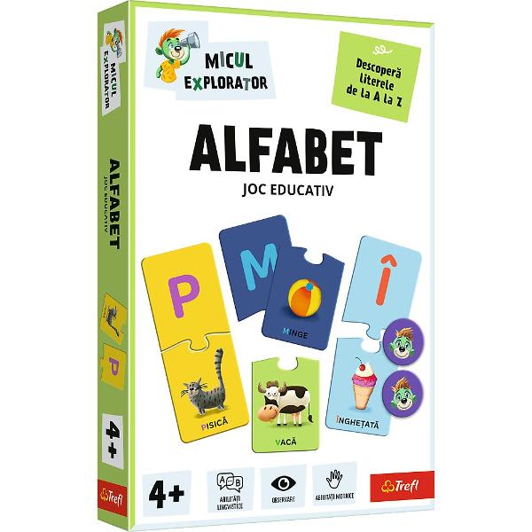 Jocul educativ &bdquoAlfabet  Micul Explorator&rdquo este conceput pentru ai ajuta pe copii sa invete literele de la A la Z intr-un mod interactiv si atractiv Prin intermediul pieselor tip puzzle care asociaza literele cu imaginile si cuvintele familiare cei mici invata mai usor sa recunoasca alfabetul si sa faca legatura intre sunete si obiecte din viata de zi cu zi Jocul stimuleaza dezvoltarea abilitatilor lingvistice atentia si coordonarea oferind in acelasi timp o experienta de 