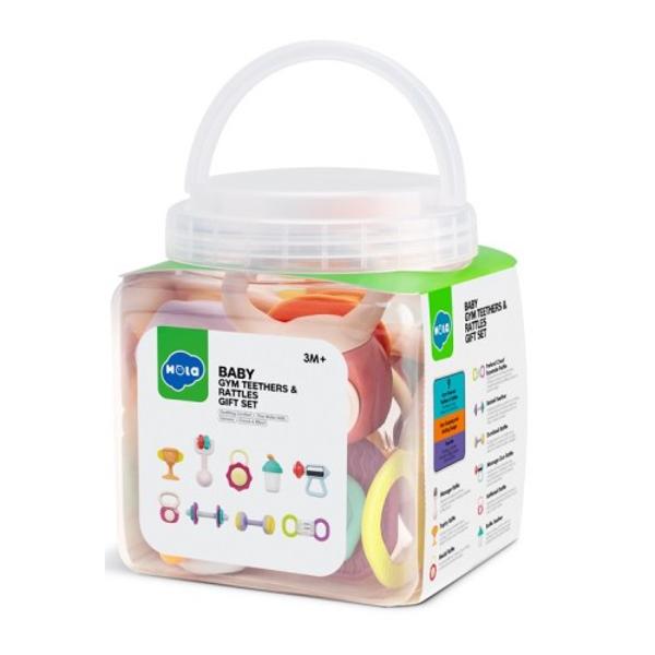 Set 9 jucarii gingivale in forma de echipamente cu tematica de sala Acest adorabil set de zornaituri stimuleaza abilitatile motorii fine descoperirea senzoriala si ii ajuta pe copii sa inteleaga cauza si efectul Este usor de tinut in mana si de manevrat Usor de dezinfectat Creste-ti copilul pentru a deveni un pasionat de sport Jucariile de dentitie ajuta la calmarea disconfortului gingival zornaitoarele ajuta la stimularea simturilor si la antrenarea abilitatilor motorii