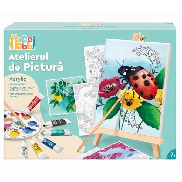 Set creativ Happi Hobbi Atelierul de Pictura Acrylic conceput pentru a introduce copiii in lumea picturii in culori acrilice intr-un mod accesibil si atractiv Acest set complet le permite celor mici sa picteze pe panza propriilor propriile lor creatii Este potrivit atat pentru incepatori datorita manualului detaliat si ilustrat care explica pas cu pas tehnica acrilica cat si pentru copiii care au deja experienta si doresc sa isi dezvolte abilitati Continutul variat ofera posibilitate de 