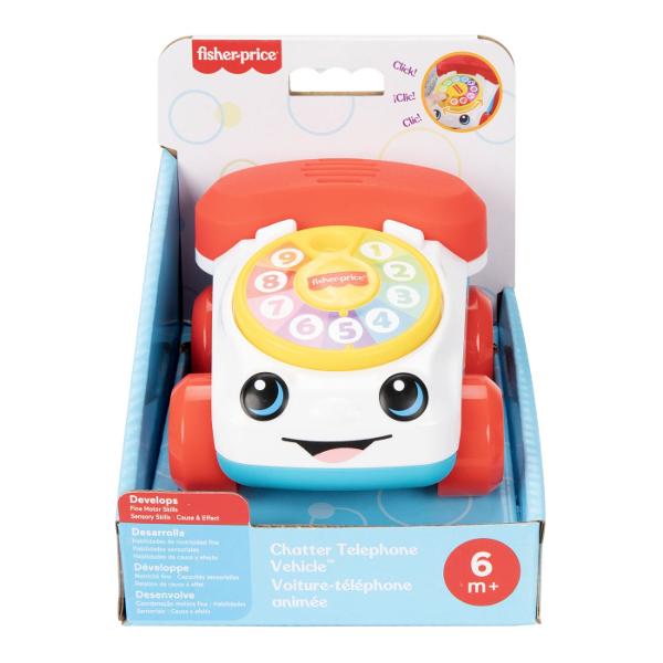Telefonul interactiv Fisher-Price Vehicul Telefon este o jucarie clasica reinterpretata intr-un design modern si prietenos special conceputa pentru bebelusi Cu un aspect vesel si culori atractive aceasta jucarie stimuleaza curiozitatea si incurajeaza joaca activa Discul rotativ numerotat permite copilului sa interactioneze prin rotire dezvoltand coordonarea mana-ochi si abilitati motorii fine Rotile functionale transforma jucaria intr-un vehicul usor de impins sau tras sustinand miscarea 