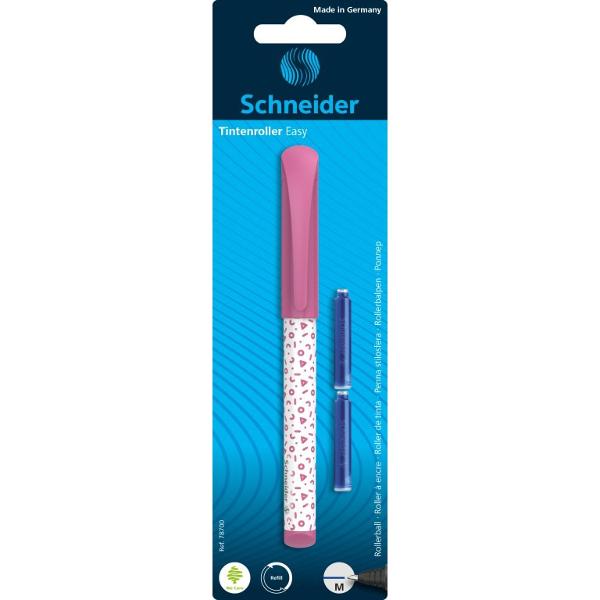 Rollerele Schneider Easy au un design minimalist geometric imprimat cu nuante roz Scrisul fluent si frumos este garantat de compatibilitatea cu rezervele de cerneala Schneider&nbsp;&nbsp; Varf din otel inoxidabil Zona de prindere cu manson ergonomic Potrivit atat pentru dreptaci cat si pentru stangaci Corp din plastic rezistent Clip de prindere robust Echipat cu cartus de cerneala standard albastru 