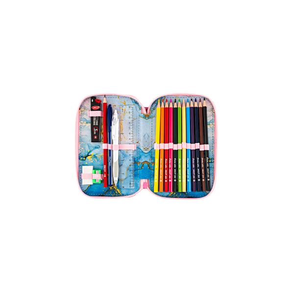 Penar &537;colar echipat dublu &ndash; model abstract marmorat compartimentatPenarul &537;colar dublu echipat Marmorat impresioneaz&259; printr-un design modern inspirat din textura marmurei &icirc;n nuan&539;e elegante de roz albastru &537;i accente aurii Este alegerea ideal&259; pentru elevele care &icirc;&537;i doresc un penar practic dar &537;i stilatp 