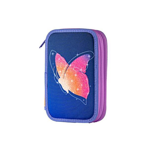 Penar &537;colar echipat dublu &ndash; model flutura&537; multicolor compartimentatPenarul &537;colar dublu Flutura&537; Str&259;lucitor este alegerea ideal&259; pentru fetele care &icirc;&537;i doresc un accesoriu practic &537;i atractiv pentru organizarea rechizitelor Designul &icirc;n nuan&539;e de albastru decorat cu flutura&537;ul&nbsp; colorat &537;i efectul 