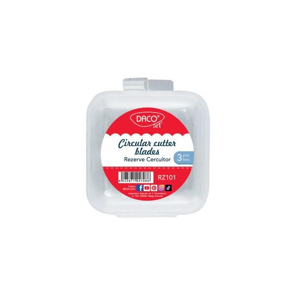 Rezerva pentru cutter cercuitor RZ101 de la DACO este destinat&259; &icirc;nlocuirii lamelor utilizate &icirc;n cutterele circulare pentru decuparea cercurilor Setul con&539;ine 3 lame circulare concepute pentru a men&539;ine precizia &537;i eficien&539;a instrumentului &icirc;n proiectele de craft &537;i activit&259;&539;ile creativeLamele sunt potrivite pentru realizarea t&259;ieturilor circulare precise &icirc;n materiale precum h&acirc;rtie carton sub&539;ire sau 
