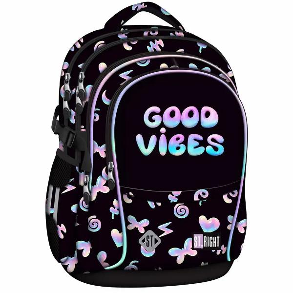 Ghiozdanul Majewski STRight BP01 Good Vibes este un model de 17 inch cu 4 compartimente potrivit pentru organizarea completa a rechizitelor si accesoriilor scolare Ofera spatiu bine compartimentat si detalii gandite pentru utilizare zilnica de la scoala pana la activitati extraEste conceput pentru confort si siguranta cu spate ergonomic si elemente reflectorizante iar materialul impermeabil si baza intarita ajuta la protectia 