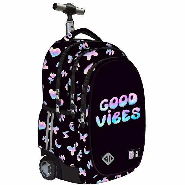 Trollerul ST Right TB01 Good Vibes este un model pe roti conceput pentru transport confortabil atunci cand ghiozdanul este mai greu Are 4 compartimente si un interior bine organizat inclusiv spatiu suplimentar pentru laptop si tabletaEste echipat cu roti rezistente cu rulare usoara maner telescopic reglabil pe 2 inaltimi si bretele moi reglabile care pot fi ascunse in compartiment Materialul impermeabil si elementele reflectorizante contribuie la utilizare practica si 