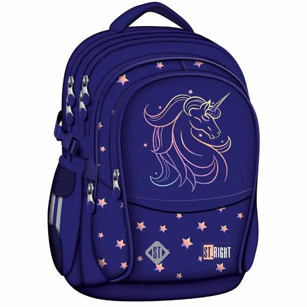 Ghiozdanul STRight BP01 din colectia grafica Unicorn Glow este conceput pentru organizarea eficienta a rechizitelor si accesoriilor scolare datorita compartimentarii bine gandite si a organizatorului interiorOfera confort la purtare prin spatele ergonomic si bretelele reglabile iar pentru siguranta include elemente reflectorizante si baza intarita realizata din material impermeabilModel BP01 17 inch4 compartimente2 buzunare laterale 
